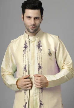 Embroidered Art Silk Sherwani in Light Beige and Cream