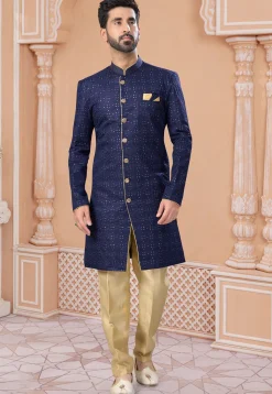 Embroidered Art Silk Sherwani in Navy Blue