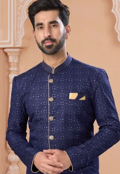 Embroidered Art Silk Sherwani in Navy Blue