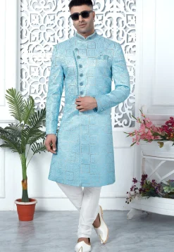 Embroidered Art Silk Sherwani in Sky Blue