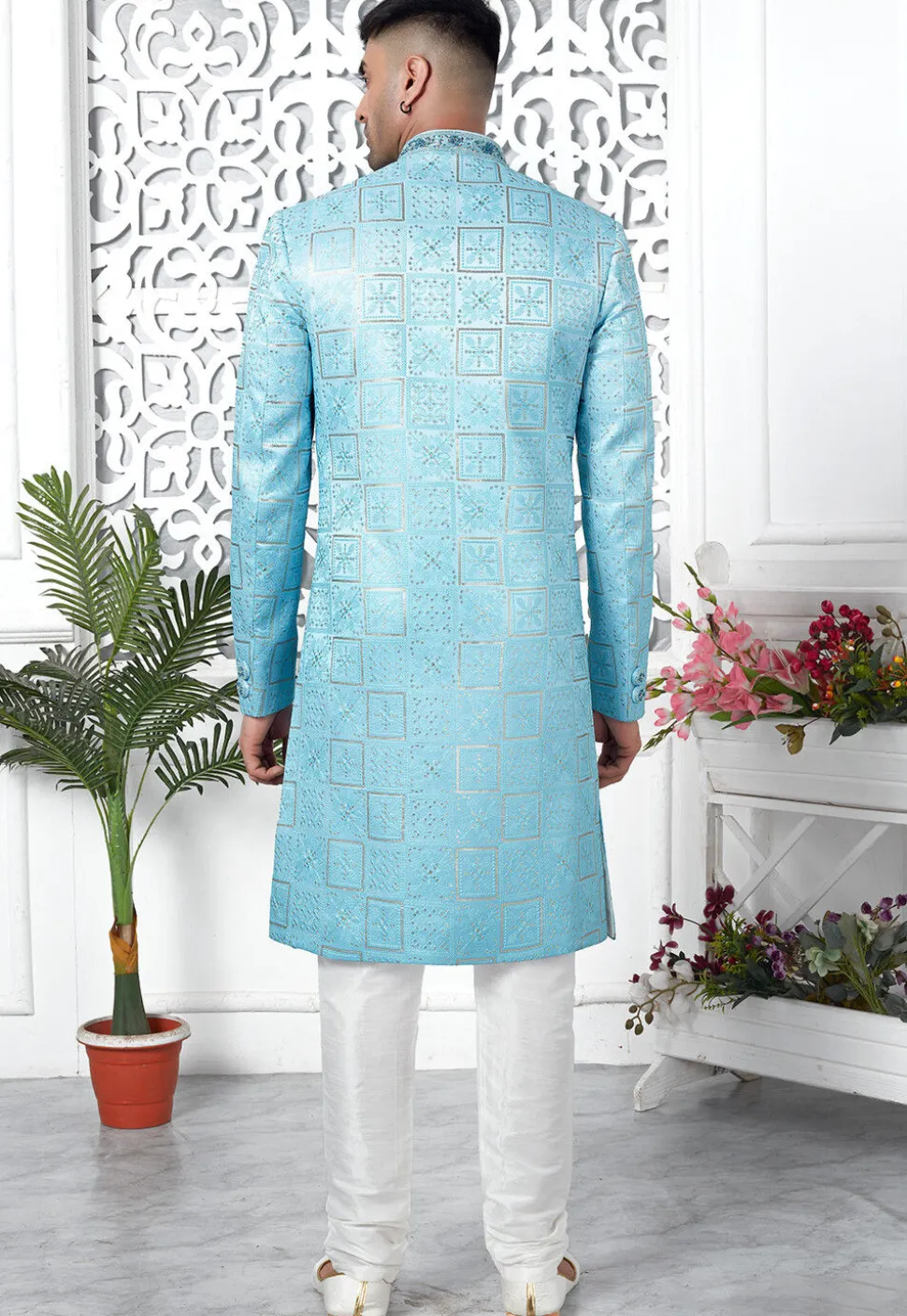 Embroidered Art Silk Sherwani in Sky Blue