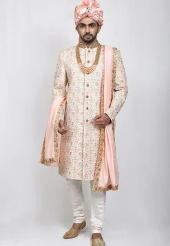 Embroidered Art Silk Sherwani in Cream
