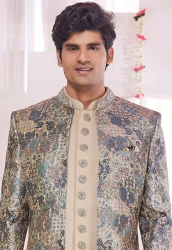 Embroidered Art Silk Sherwani in Beige