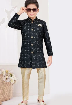 Embroidered Art Silk Sherwani in Black