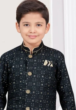 Embroidered Art Silk Sherwani in Black