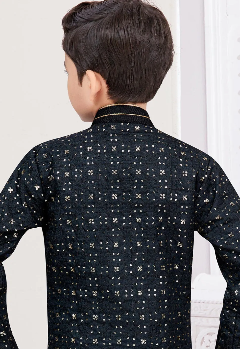 Embroidered Art Silk Sherwani in Black