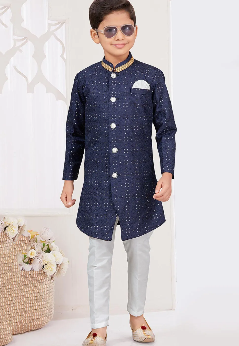 Embroidered Art Silk Sherwani in Navy Blue