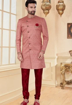 Embroidered Art Silk Sherwani in Peach