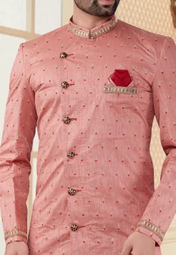 Embroidered Art Silk Sherwani in Peach