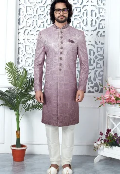 Embroidered Art Silk Sherwani in Dusty Purple