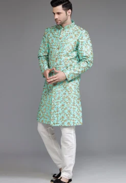 Embroidered Art Silk Sherwani in Turquoise