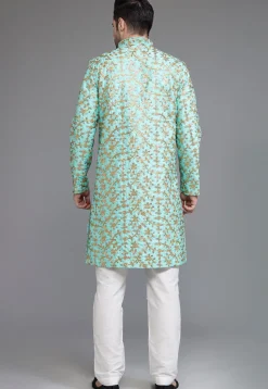 Embroidered Art Silk Sherwani in Turquoise