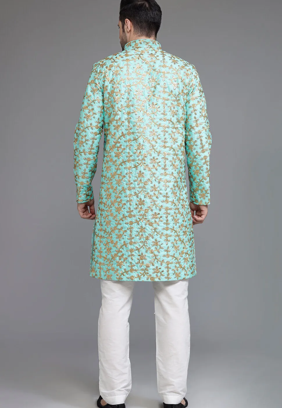 Embroidered Art Silk Sherwani in Turquoise