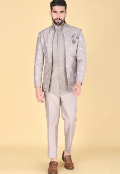 Embroidered Art Silk Sherwani in Fawn
