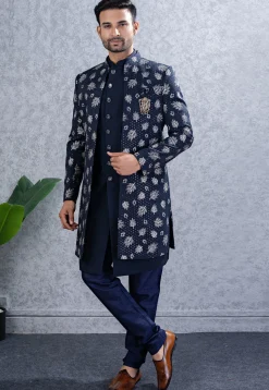 Embroidered Art Silk Sherwani in Navy Blue