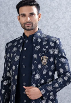 Embroidered Art Silk Sherwani in Navy Blue