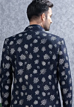 Embroidered Art Silk Sherwani in Navy Blue