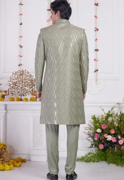 Embroidered Art Silk Sherwani in Dusty Green
