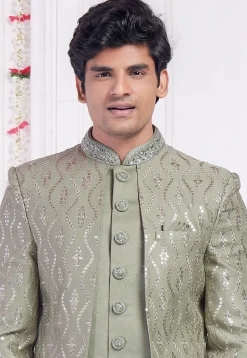 Embroidered Art Silk Sherwani in Dusty Green
