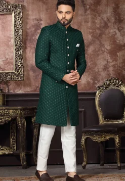 Embroidered Art Silk Sherwani in Dark Green