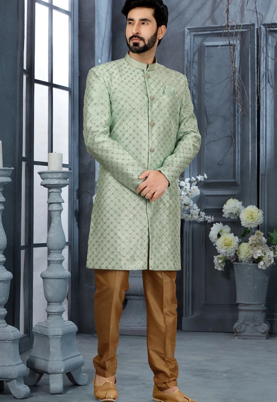 Embroidered Art Silk Sherwani in Sea Green