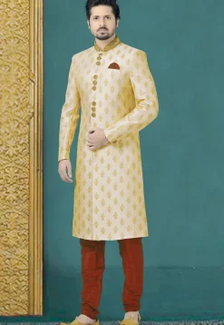 Embroidered Art Silk Sherwani in Beige
