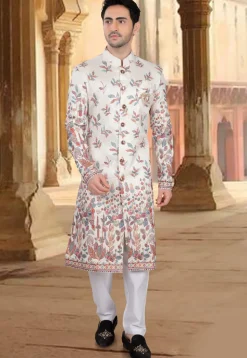 Embroidered Art Silk Sherwani in Off White