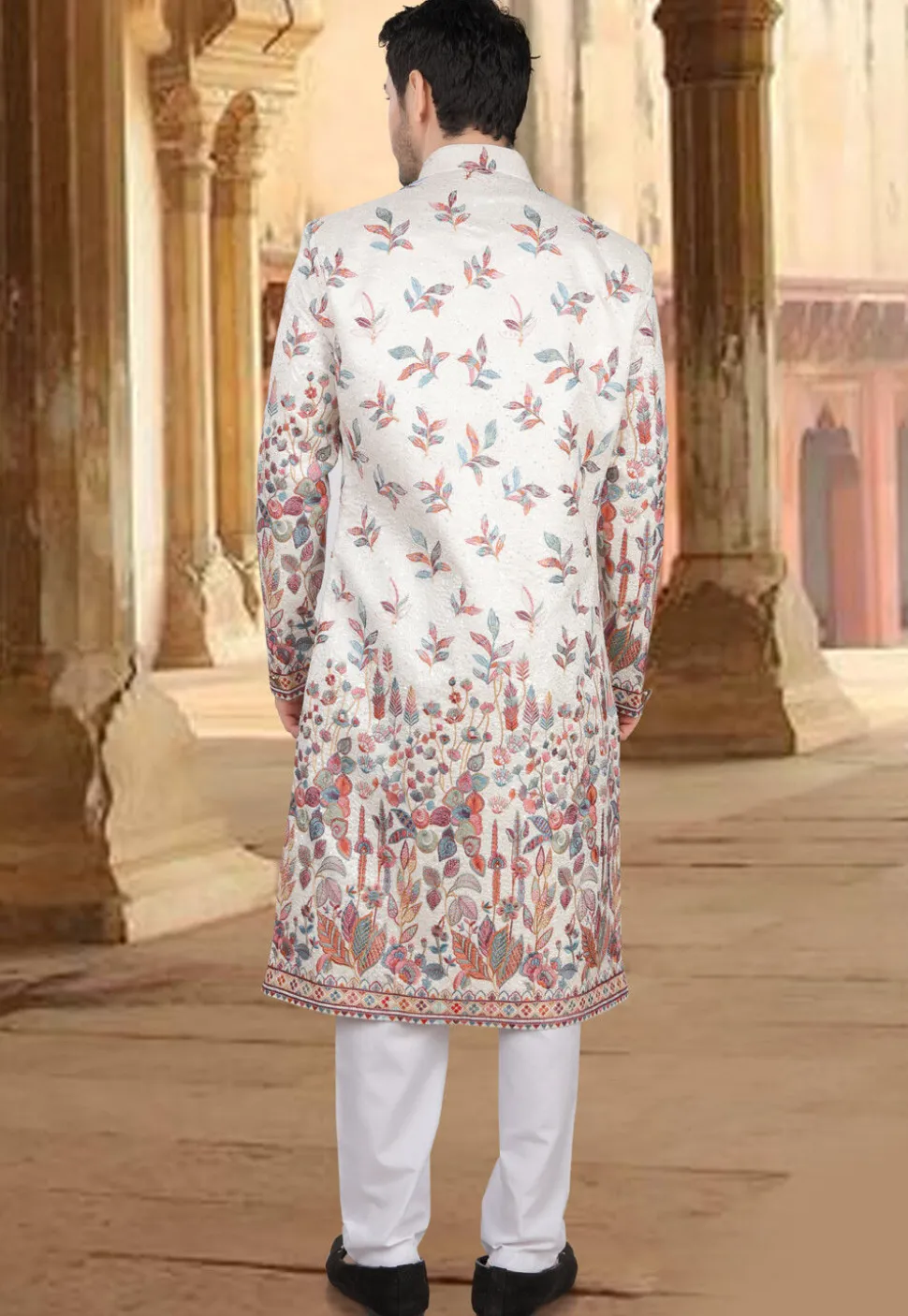 Embroidered Art Silk Sherwani in Off White