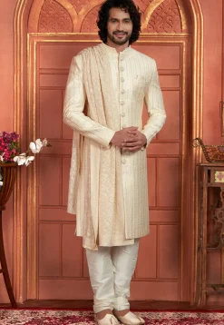 Embroidered Art Silk Sherwani in Cream