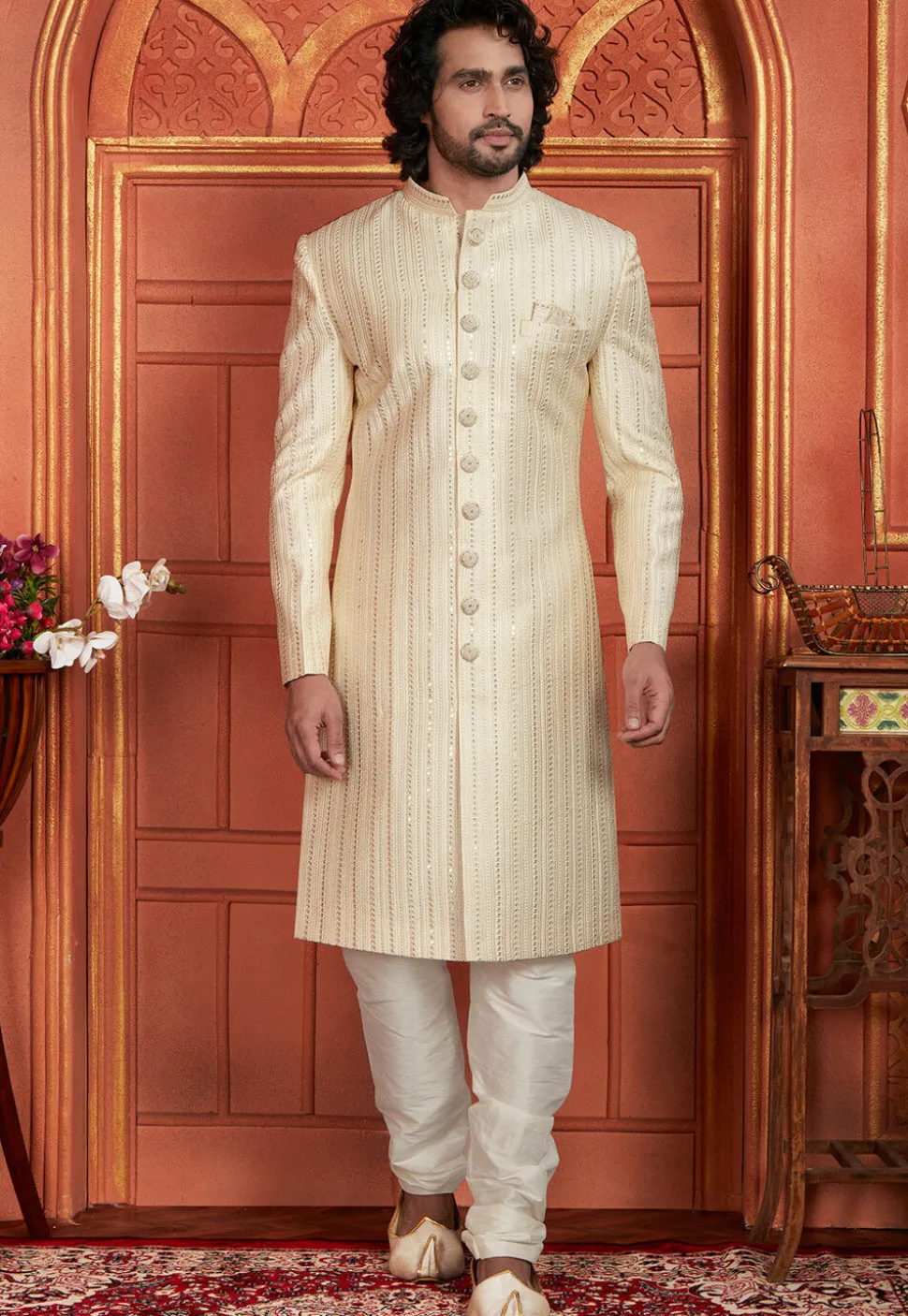 Embroidered Art Silk Sherwani in Cream