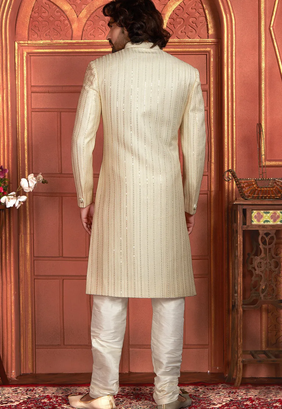 Embroidered Art Silk Sherwani in Cream