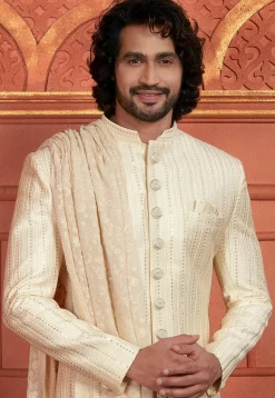 Embroidered Art Silk Sherwani in Cream