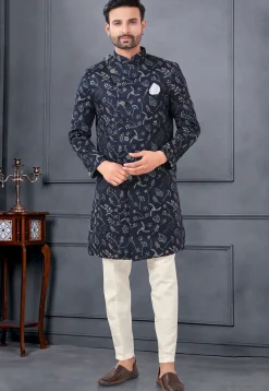 Embroidered Art Silk Sherwani in Navy Blue