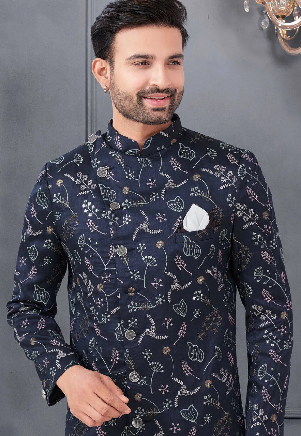 Embroidered Art Silk Sherwani in Navy Blue