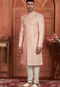 Embroidered Art Silk Sherwani in Peach
