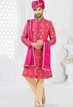 Embroidered Art Silk Sherwani in Fuchsia