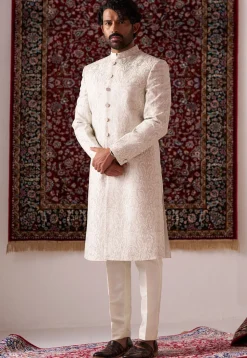 Embroidered Art Silk Sherwani in Off White