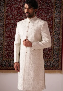 Embroidered Art Silk Sherwani in Off White