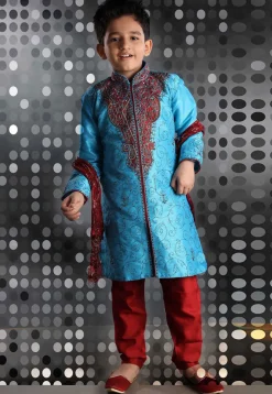 Embroidered Art Silk Sherwani set in Sky Blue