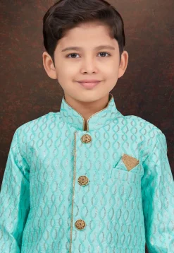 Embroidered Art Silk Sherwani in Teal Green