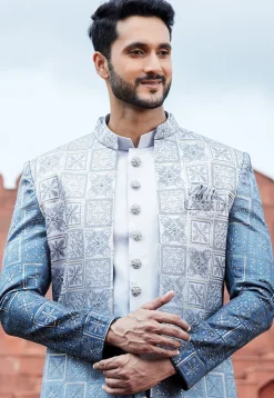 Embroidered Art Silk Sherwani in Blue Ombre