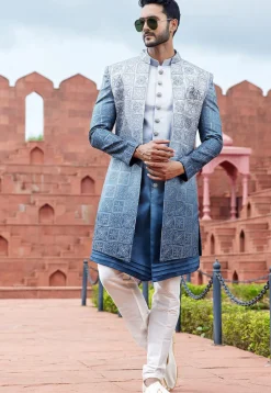 Embroidered Art Silk Sherwani in Blue Ombre