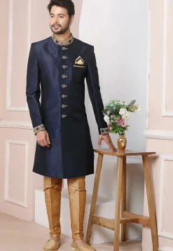 Embroidered Art Silk Sherwani in Navy Blue