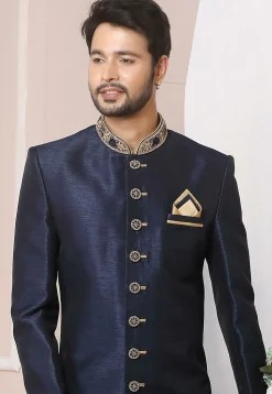 Embroidered Art Silk Sherwani in Navy Blue