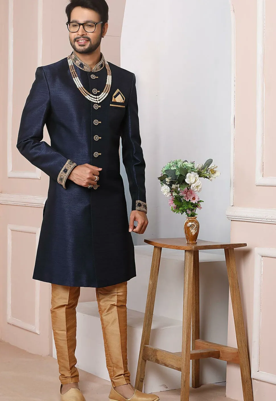 Embroidered Art Silk Sherwani in Navy Blue