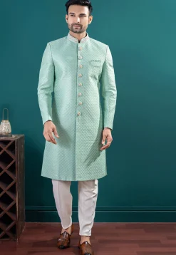 Embroidered Art Silk Sherwani in Sea Green