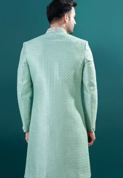 Embroidered Art Silk Sherwani in Sea Green