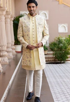 Embroidered Art Silk Sherwani in Yellow