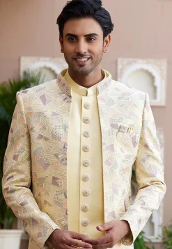 Embroidered Art Silk Sherwani in Yellow