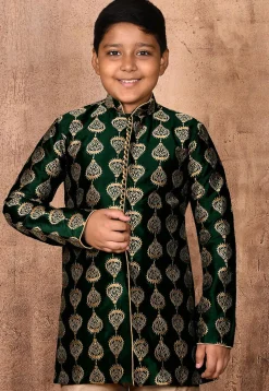 Embroidered Art Silk Sherwani Set in Dark Green
